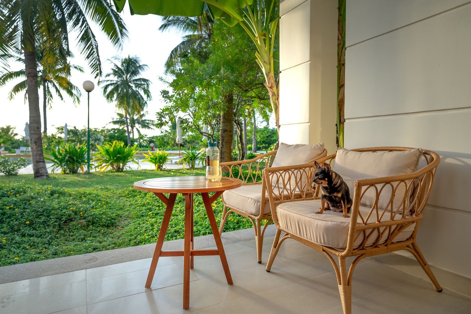 Salotto in rattan sintetico su una terrazza con cuscini