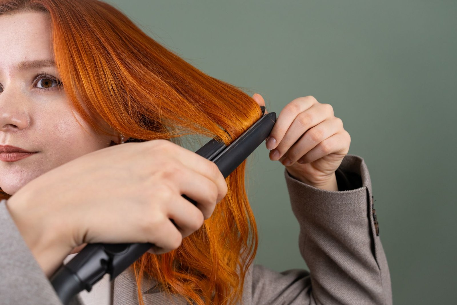 Donna che liscia i capelli con la piastra