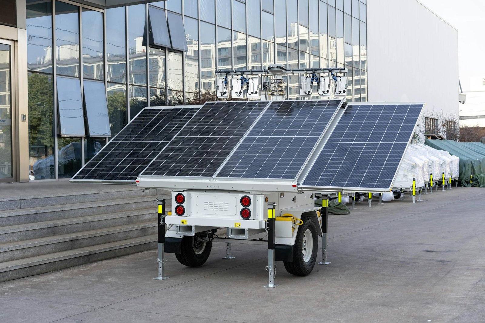 Pannello solare collegato a una stazione di energia accanto a una tenda